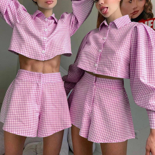 Conjunto Casual de Blusa y Shorts a Cuadros para Mujer