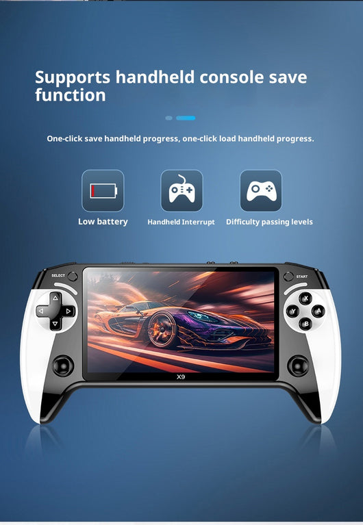 Black and white X9 portable handheld gaming console with a large screen displaying a racing game. - Image 13