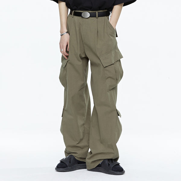 Pantalones Cargo Tácticos Verde Militar con Piernas Rectas y Múltiples Bolsillos