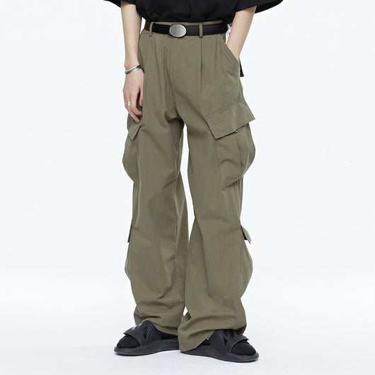 Pantalones Cargo Tácticos Verde Militar con Piernas Rectas y Múltiples Bolsillos