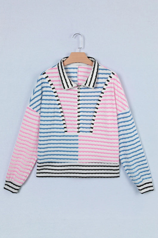 Blusa Oversized Patchwork a Rayas Multicolor con Hombro Caído - Image 8