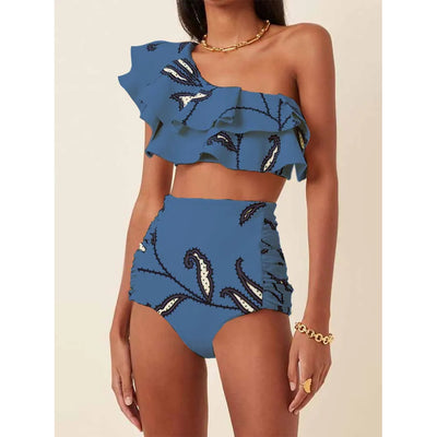 Bikini de Cintura Alta con Hombro Descubierto y Volantes Estampado - Image 7