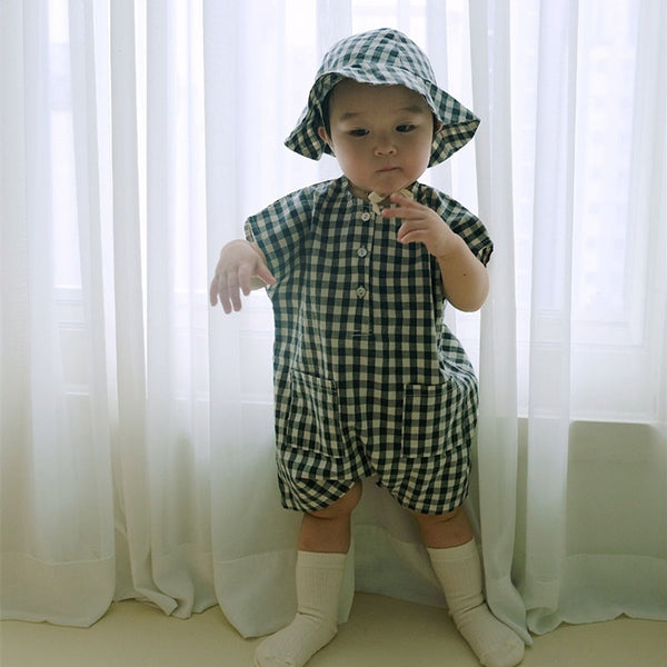 Conjunto de Verano para Bebé con Diseño Escocés - Romper y Gorro Coordinado