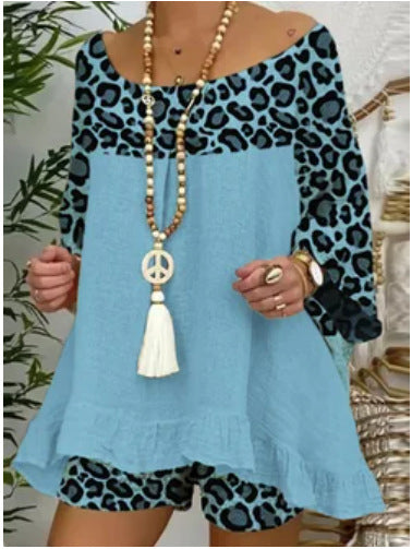 Traje Suelto Talla Grande con Estampado de Leopardo y Costuras Decorativas en Algodón y Lino - Image 11
