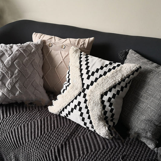 Funda de Cojín Estilo Madera Vintage Japonés con Borlas y Tejido Acogedor
