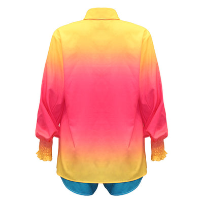 Women's three-piece beachwear set with neon yellow bikini top, floral print long-sleeve shirt, and matching shorts. - Image 19