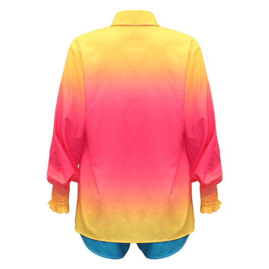 Women's three-piece beachwear set with neon yellow bikini top, floral print long-sleeve shirt, and matching shorts. - Image 19
