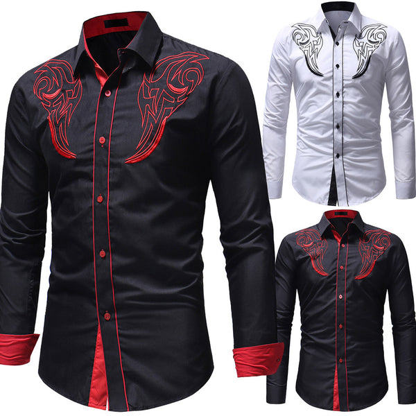 Camisa Casual para Hombre con Bordado y Estampado de Solapa Larga