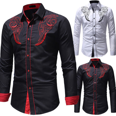 Camisa Casual para Hombre con Bordado y Estampado de Solapa Larga