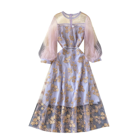 Vestido Elegante con Mangas Linterna de Malla y Bordado Calado - Image 5