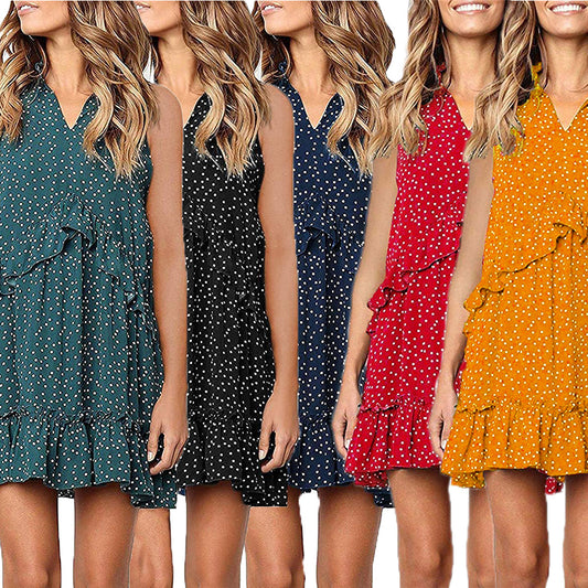 Vestido Suelto de Lunares con Volantes y Cuello Redondo