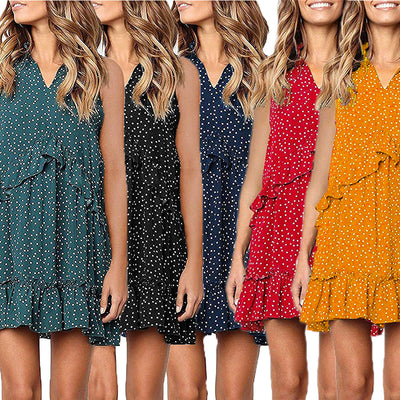 Vestido Suelto de Lunares con Volantes y Cuello Redondo