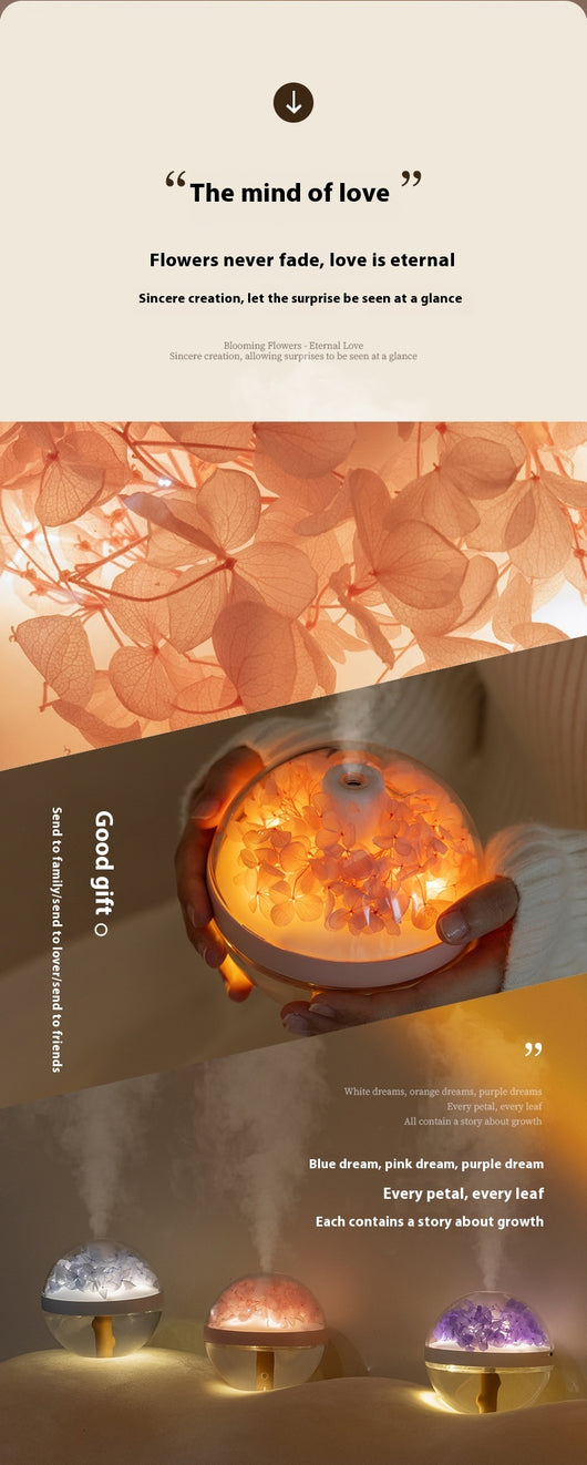 Pink round mini humidifier with clear dome, decorative pink flowers, and a light-up base, ideal for desktop or bedroom. - Image 21
