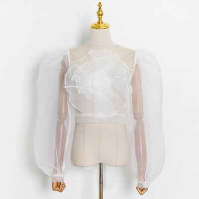 Blusa Cuello Redondo con Mangas Abullonadas y Flores en Relieve - Image 16