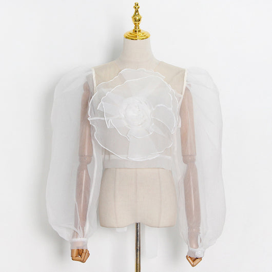Blusa Cuello Redondo con Mangas Abullonadas y Flores en Relieve - Image 16