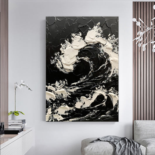 Cuadro Abstracto Olas del Mar en Blanco y Negro - Pintura al Óleo Texturizada Tamaño Grande - Image 5