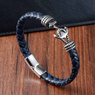 Pulsera de Acero Titanio para Hombre con Cuero Trenzado y Ancla - Image 2
