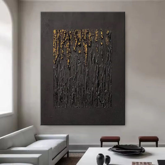 Cuadro Abstracto Negro Texturizado en Oro - Arte Minimalista Wabi-sabi para Sala de Estar - Image 2