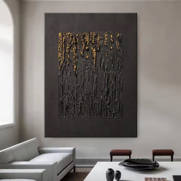 Cuadro Abstracto Negro Texturizado en Oro - Arte Minimalista Wabi-sabi para Sala de Estar