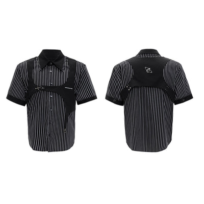 Camisa Rayada Blanco y Negro con Cuello Doble y Efecto Dos Piezas - Image 3