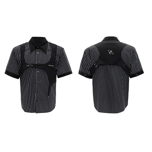 Camisa Rayada Blanco y Negro con Cuello Doble y Efecto Dos Piezas - Image 3