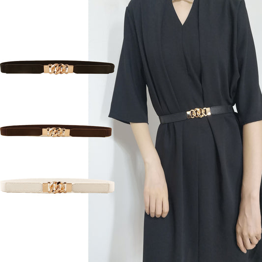 Black elastic belt for women with a gold-tone chain link buckle, perfect for dresses and shirts.