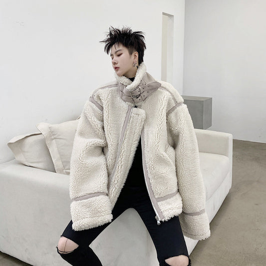 Chaqueta de Lana de Cordero y Algodón con Cuello Mao Oversized para Hombre