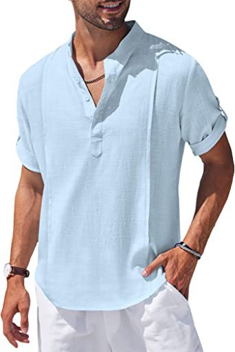 Camisa Lino Henley Hombre Manga Corta Casual Playa Verano - Image 16