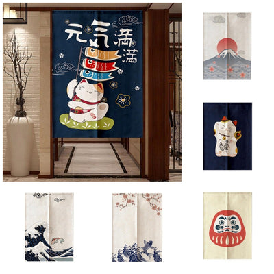 Red fabric door curtain with white polka dots and a repeating pattern of a lucky cat holding a gold coin, surrounded by flowers.