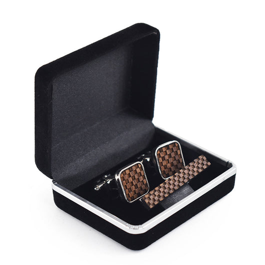 Set de Gemelos y Clip de Corbata Cuadrado con Patrón Reticular - Image 7