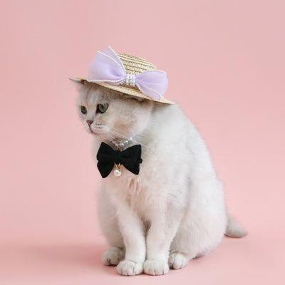 Sombrero de Paja Tejido para Gatos con Moño de Perlas - Image 10