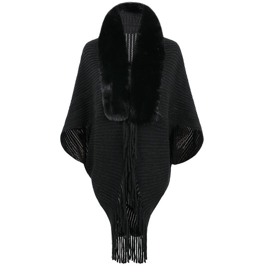 Chal Tejido con Cuello de Piel y Borlas - Image 6