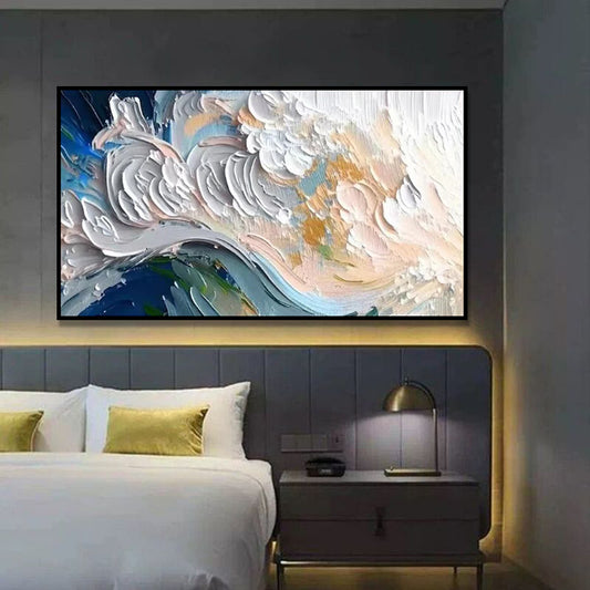 Cuadro Abstracto Paisaje Marino Óleo Sobre Lienzo Hecho a Mano Tonos Azul Verde y Blanco
