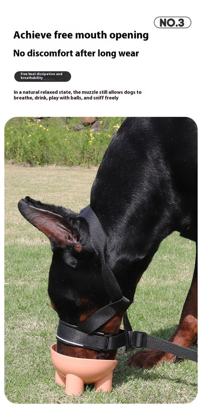 Black and brown leather and nylon dog muzzle with adjustable straps and a D-ring, shown with a size chart. - Image 13