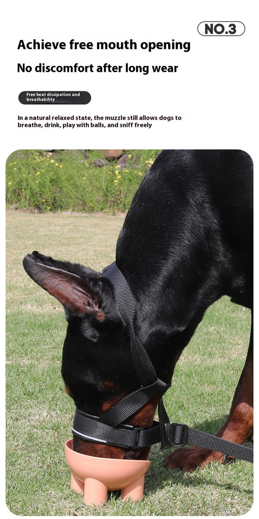 Black and brown leather and nylon dog muzzle with adjustable straps and a D-ring, shown with a size chart. - Image 13