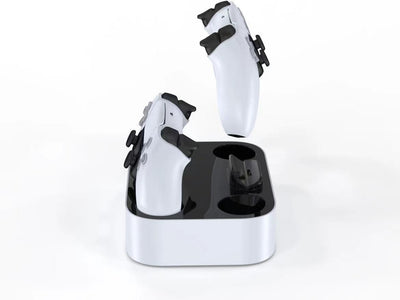 White and black dual charging dock for PS5 gamepads, featuring two charging ports and two storage slots. - Image 6
