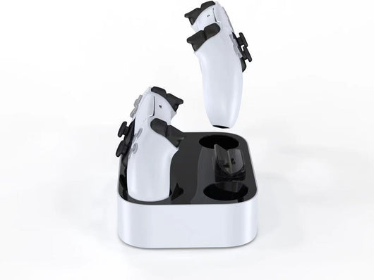 White and black dual charging dock for PS5 gamepads, featuring two charging ports and two storage slots. - Image 6