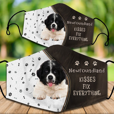 Two cotton face masks with a Bichon Frise dog, paw prints, and bones on a white and brown background. Text reads "Bichon Frise KISSES FIX EVERYTHING." - Image 48