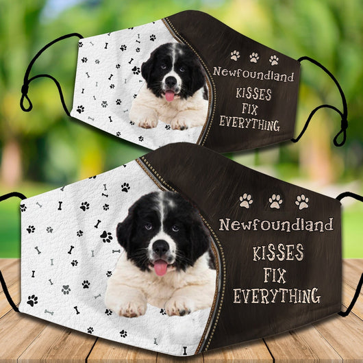 Two cotton face masks with a Bichon Frise dog, paw prints, and bones on a white and brown background. Text reads "Bichon Frise KISSES FIX EVERYTHING." - Image 48