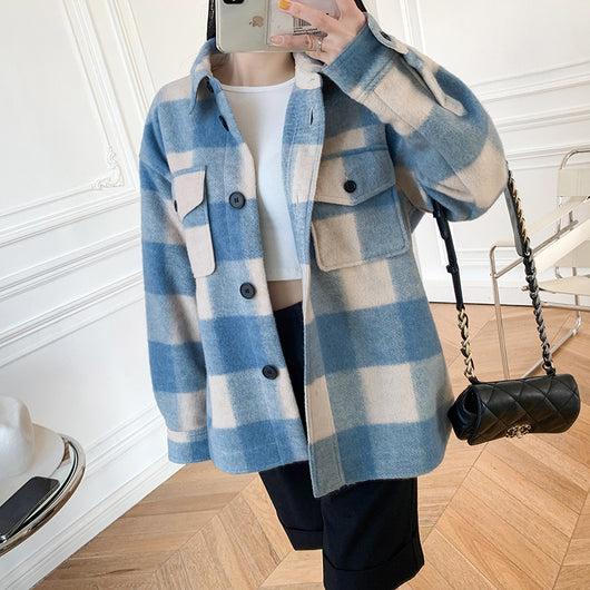 Abrigo de Lana a Cuadros Unisex con Cuello de Camisa - Diseño Holgado y Versátil - Image 3