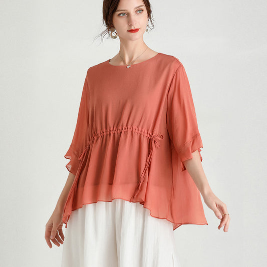 Blusa de Seda Elegante Manga Corta Talla Grande Efecto Reductor