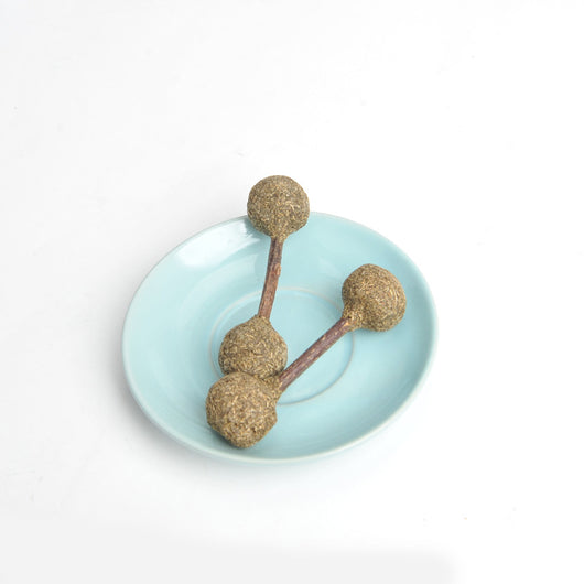 Three dumbbell-shaped catnip and silvervine chew toys with natural wood sticks on a light blue plate. - Image 7