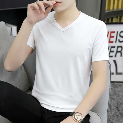 Camiseta Blanca Slim Fit Cuello V Manga Corta para Hombre - Básico Versátil de Verano - Image 3