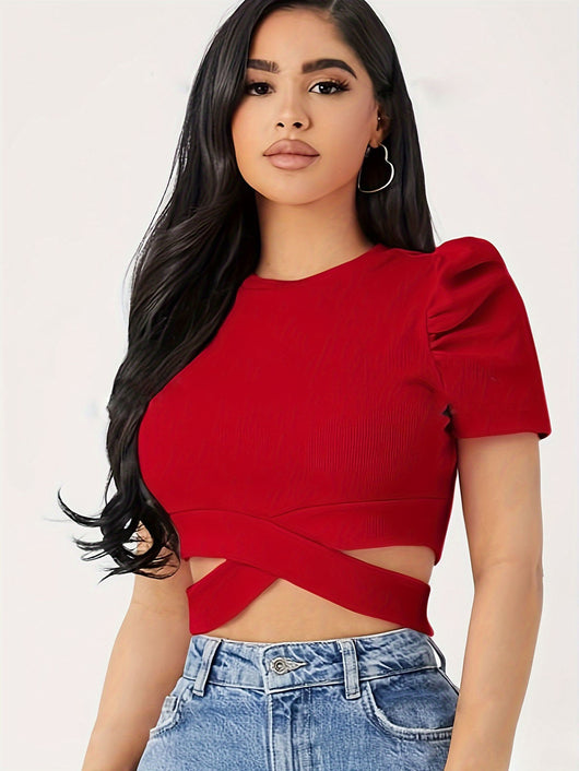 Blusa Ajustada de Manga Corta Abullonada con Cuello Redondo en Tela Acanalada - Image 10