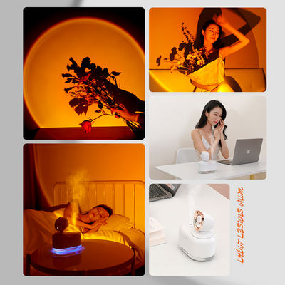 White 2-in-1 mini wireless sunset lamp and air humidifier with a rose gold accent and clear water tank. - Image 2