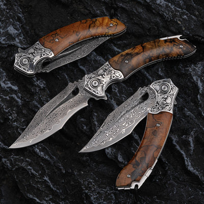 Cuchillo Plegable de Acero Damasco para Supervivencia y Camping - Image 2