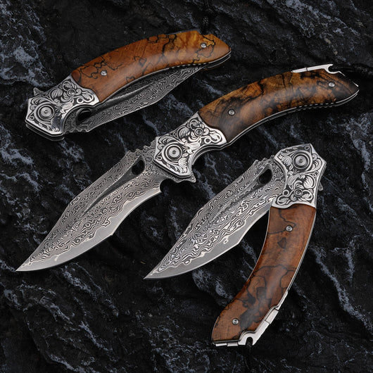 Cuchillo Plegable de Acero Damasco para Supervivencia y Camping - Image 2