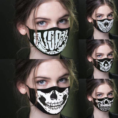 Young woman wearing a black ear hook facial mask with a white skull design, perfect for Halloween. - Image 7