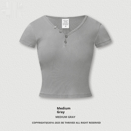 Blusa Retro Americana Slim Fit Cuello V Manga Corta - Image 5