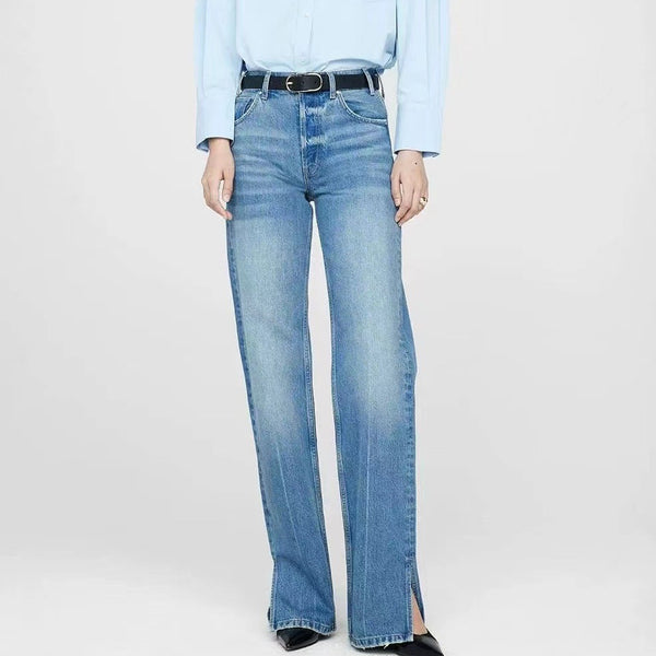 Jeans Rectos Azul Nórdico Cintura Media con Cierre de Botones para Mujer